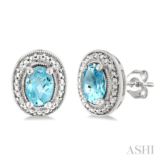 Silver Oval Shape Gemstone & Diamond Earrings