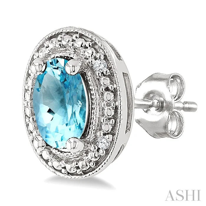 Silver Oval Shape Gemstone & Diamond Earrings