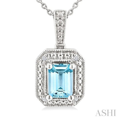 Silver Emerald Shape Gemstone & Diamond Pendant