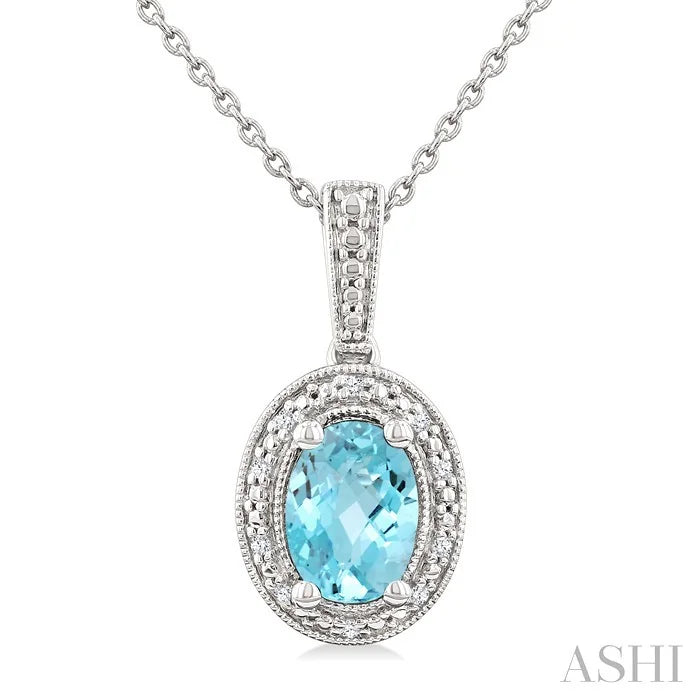 Silver Oval Shape Gemstone & Diamond Pendant