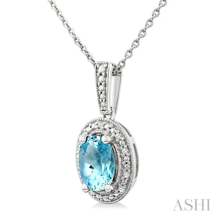 Silver Oval Shape Gemstone & Diamond Pendant