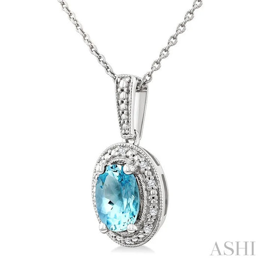 Silver Oval Shape Gemstone & Diamond Pendant