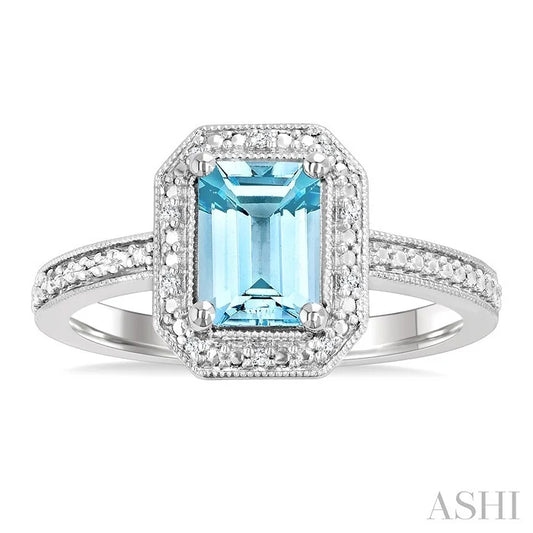 Silver Emerald Shape Gemstone & Diamond Ring