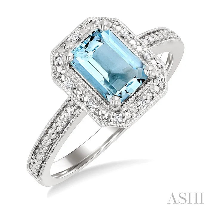 Silver Emerald Shape Gemstone & Diamond Ring