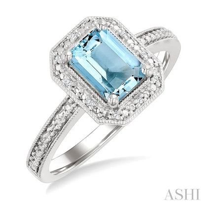 Silver Emerald Shape Gemstone & Diamond Ring