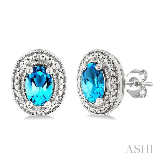 Silver Oval Shape Gemstone & Diamond Earrings