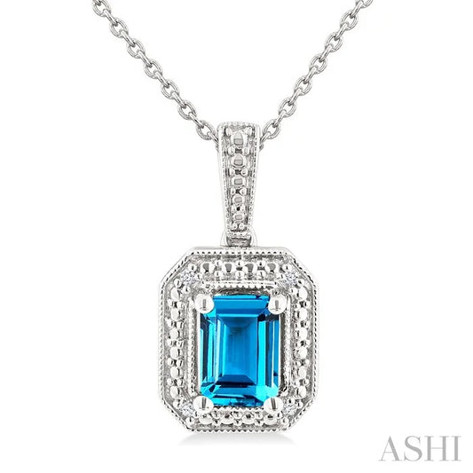Silver Emerald Shape Gemstone & Diamond Pendant