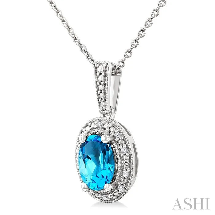 Silver Oval Shape Gemstone & Diamond Pendant