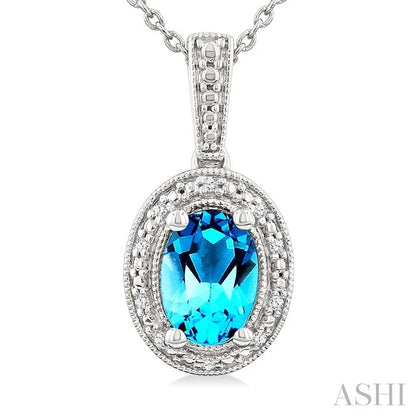 Silver Oval Shape Gemstone & Diamond Pendant