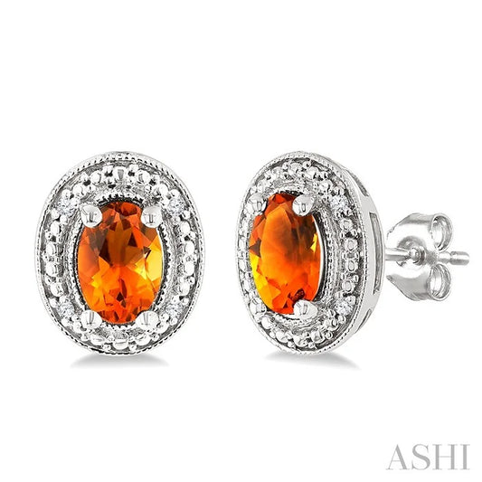 Silver Oval Shape Gemstone & Diamond Earrings