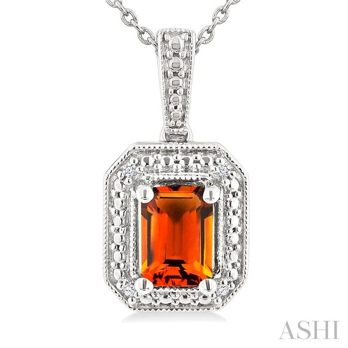 Silver Emerald Shape Gemstone & Diamond Pendant