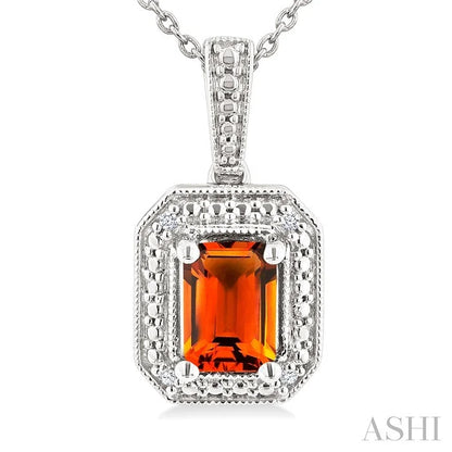Silver Emerald Shape Gemstone & Diamond Pendant