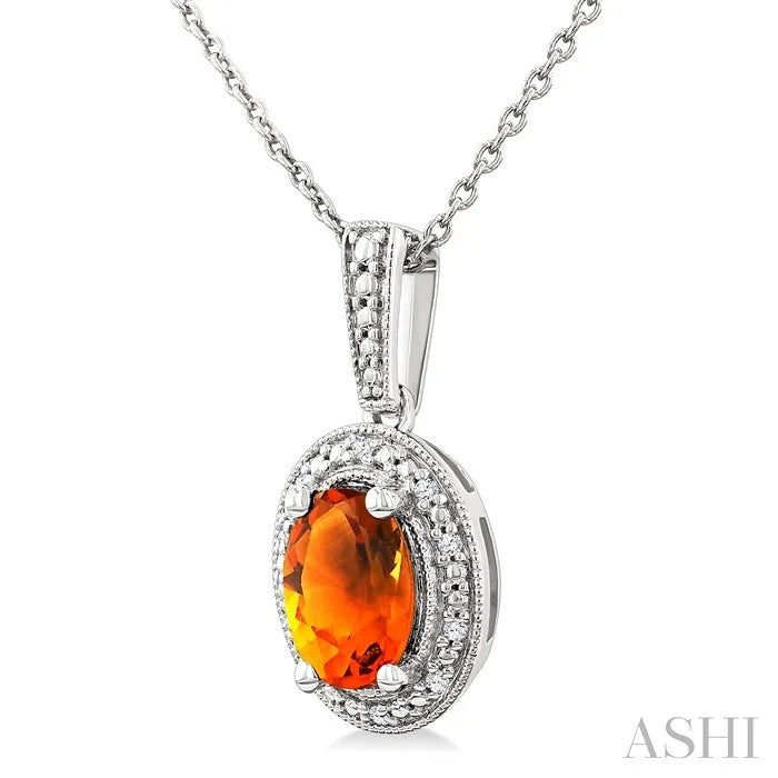 Silver Oval Shape Gemstone & Diamond Pendant
