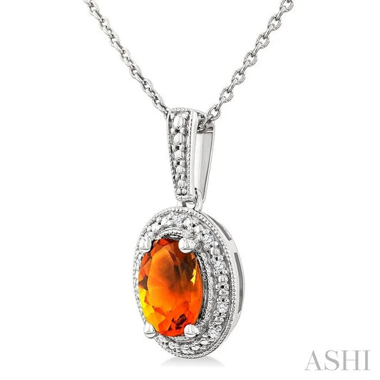 Silver Oval Shape Gemstone & Diamond Pendant