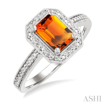 Silver Emerald Shape Gemstone & Diamond Ring