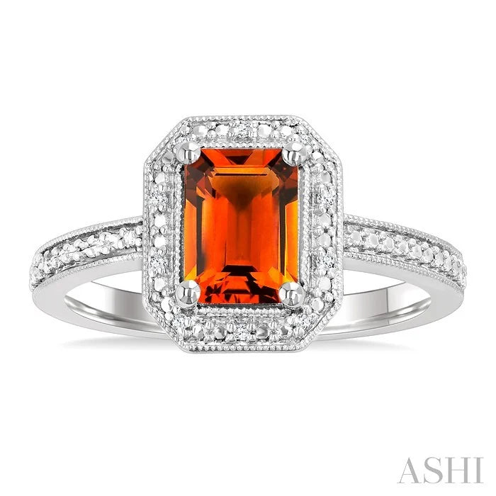 Silver Emerald Shape Gemstone & Diamond Ring