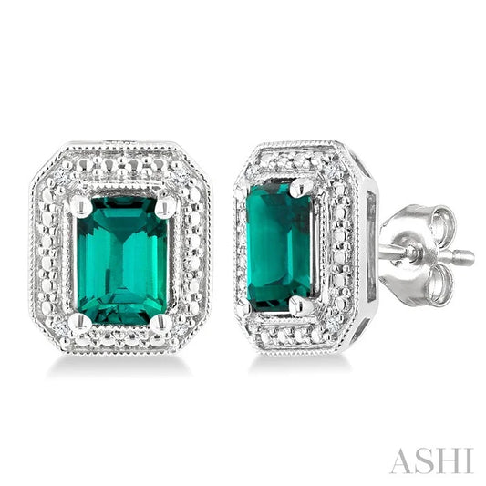Silver Emerald Shape Gemstone & Diamond Earrings