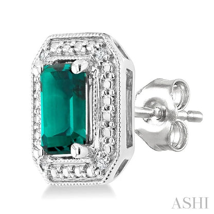 Silver Emerald Shape Gemstone & Diamond Earrings