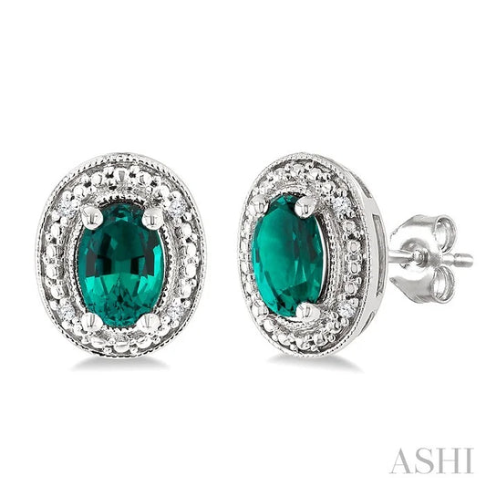 Silver Oval Shape Gemstone & Diamond Earrings