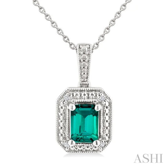 Silver Emerald Shape Gemstone & Diamond Pendant