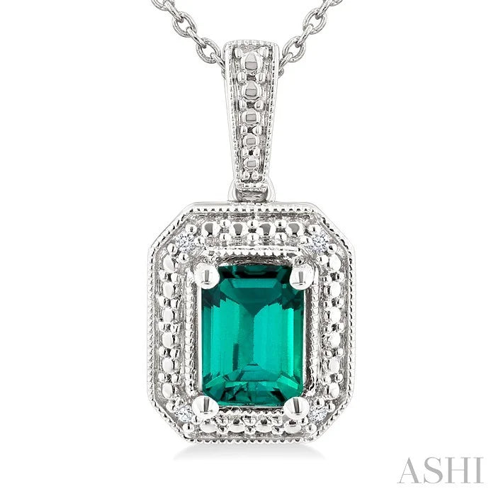 Silver Emerald Shape Gemstone & Diamond Pendant