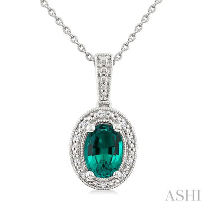 Silver Oval Shape Gemstone & Diamond Pendant