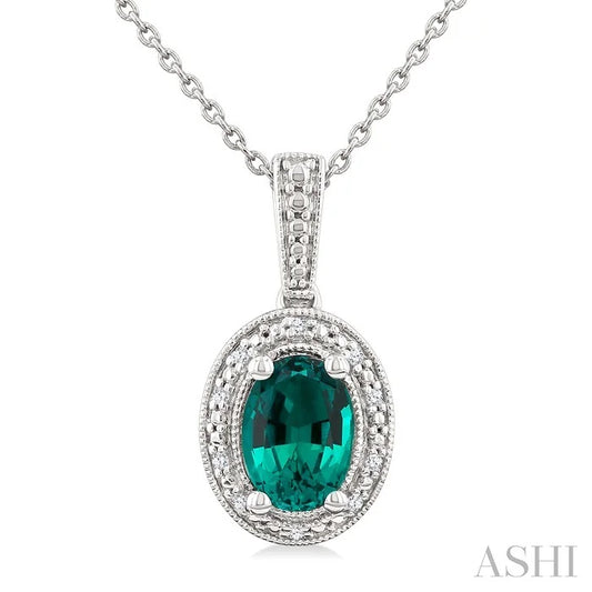 Silver Oval Shape Gemstone & Diamond Pendant