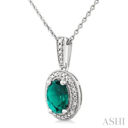 Silver Oval Shape Gemstone & Diamond Pendant