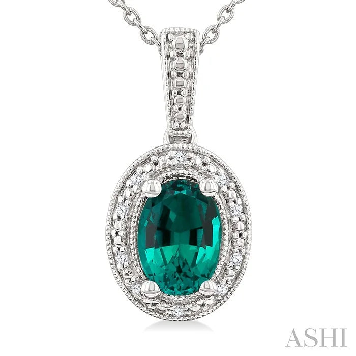 Silver Oval Shape Gemstone & Diamond Pendant