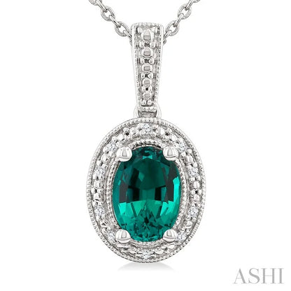 Silver Oval Shape Gemstone & Diamond Pendant