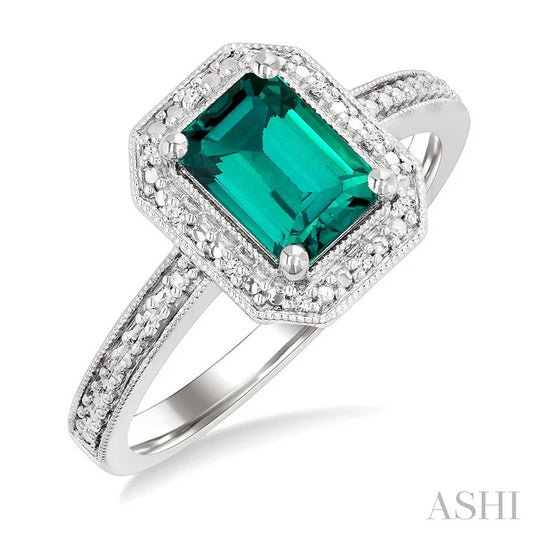 Silver Emerald Shape Gemstone & Diamond Ring