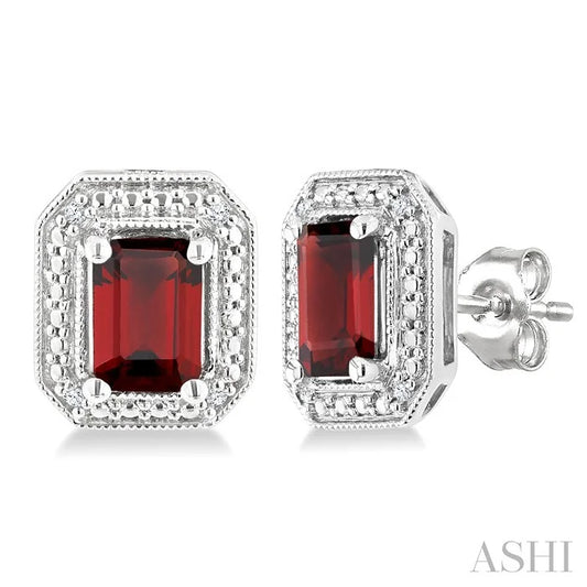 Silver Emerald Shape Gemstone & Diamond Earrings