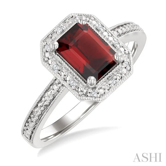 Silver Emerald Shape Gemstone & Diamond Ring