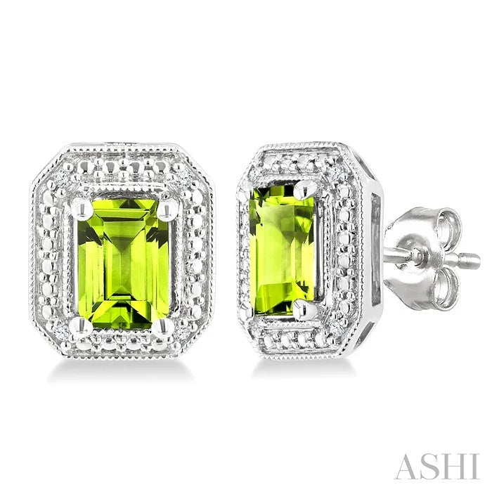 Silver Emerald Shape Gemstone & Diamond Earrings