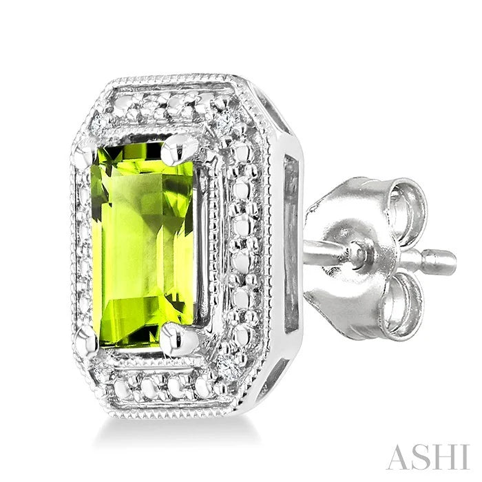 Silver Emerald Shape Gemstone & Diamond Earrings
