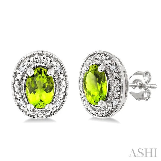 Silver Oval Shape Gemstone & Diamond Earrings