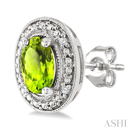 Silver Oval Shape Gemstone & Diamond Earrings