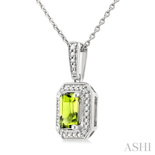Silver Emerald Shape Gemstone & Diamond Pendant