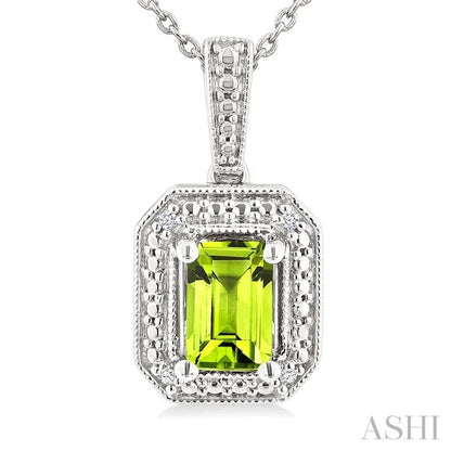 Silver Emerald Shape Gemstone & Diamond Pendant