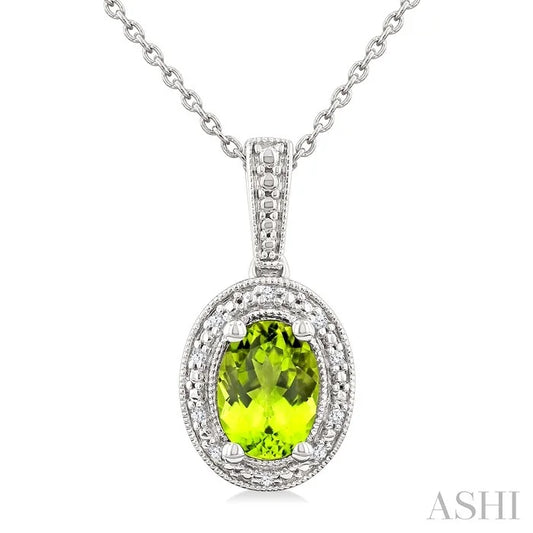 Silver Oval Shape Gemstone & Diamond Pendant