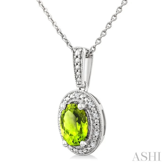 Silver Oval Shape Gemstone & Diamond Pendant