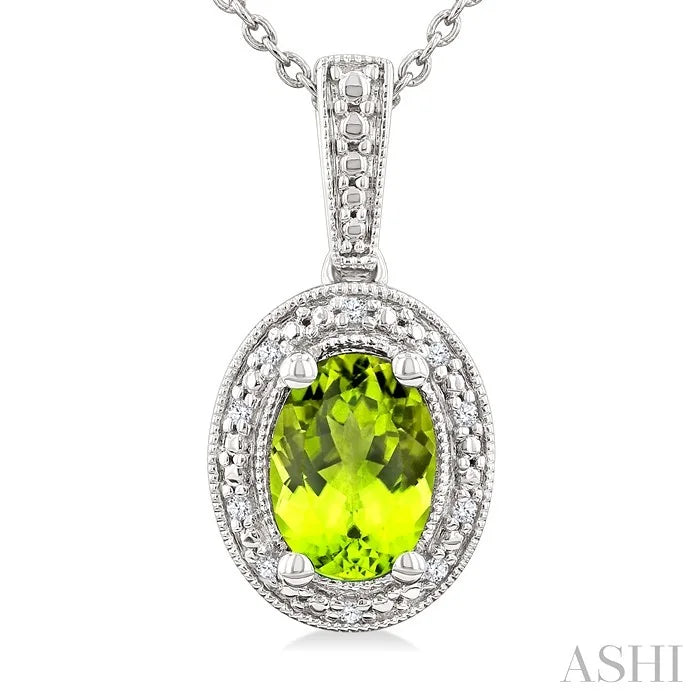 Silver Oval Shape Gemstone & Diamond Pendant