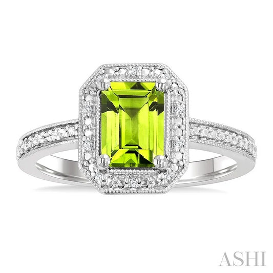 Silver Emerald Shape Gemstone & Diamond Ring