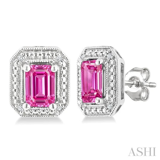 Silver Emerald Shape Gemstone & Diamond Earrings