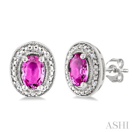 Silver Oval Shape Gemstone & Diamond Earrings