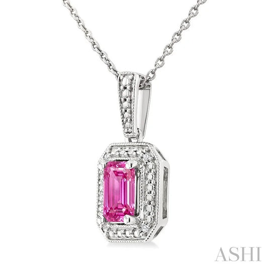 Silver Emerald Shape Gemstone & Diamond Pendant