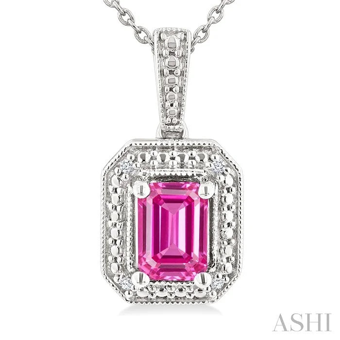 Silver Emerald Shape Gemstone & Diamond Pendant