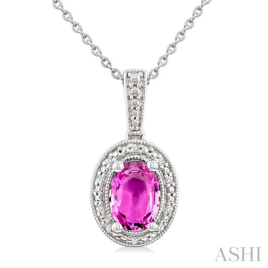 Silver Oval Shape Gemstone & Diamond Pendant