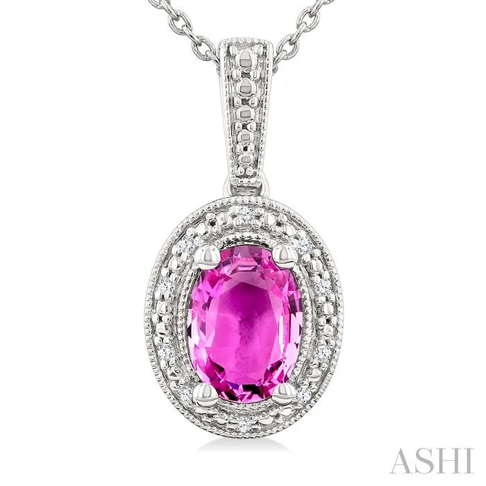 Silver Oval Shape Gemstone & Diamond Pendant