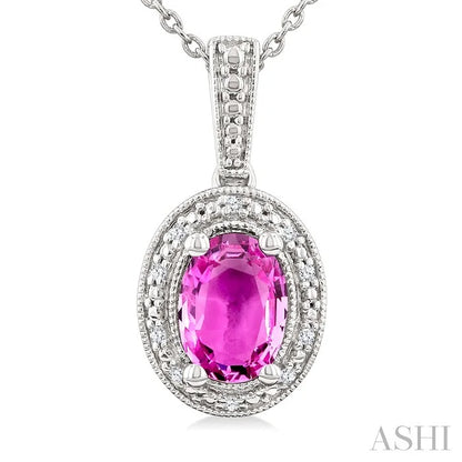 Silver Oval Shape Gemstone & Diamond Pendant